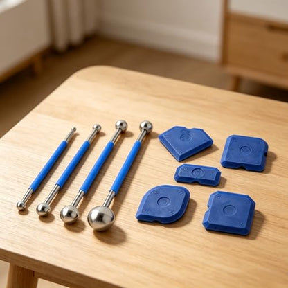 9Pcs Caulk Tool Set, 4 Sizes Stainless Steel Ball Caulk Finishing Rods & 5 Shapes Silicone Sealant Scraper Pads, Glass Glue Removal Tool for Kitchen Bathroom Window Tile Sealant Finishing