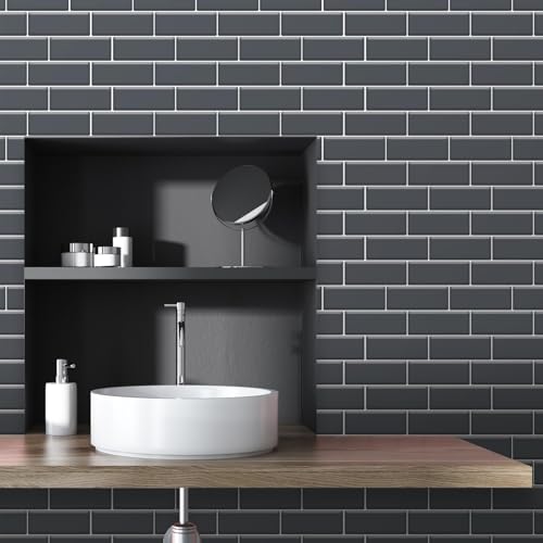 WALPLUS Premium 12 Sheets Peel and Stick Kitchen Backsplash Tile Stickers Self Adhesive Stick on Subway Tile 12" x 6" Bathroom Backsplash Water Heat Resistant 3D Wall Tiles Dark Gray Glossy - color: Dark Gray, size: 12" x 6"_12-SHEET