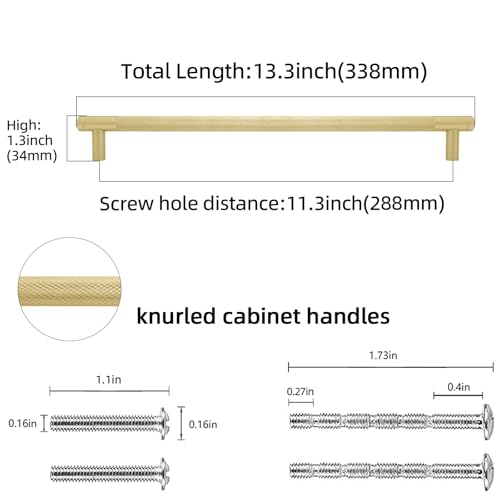 6 Pack 11.3 Inch Brushed Brass Kitchen Cabinet Handles - color: Brushed Brass, size: 11-1/3'' Hole Center(288mm)