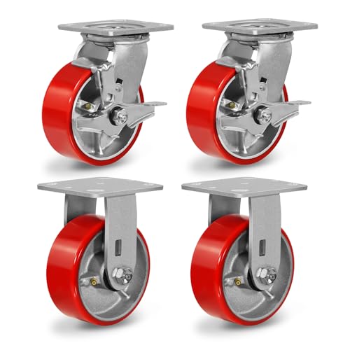 5"X 2" Heavy Duty Caster Wheels, Swivel Casters Set of 4 Polyurethane Wheel with Strong Load-Bearing Capacity 4000lbs, Industrial Casters for Toolbox Workbench (2 Brakes & 2 Rigid) - style: 5'' Wheel