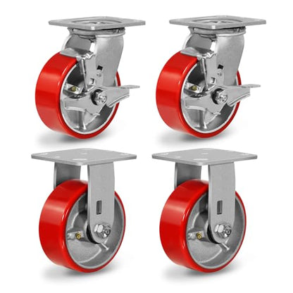 5"X 2" Heavy Duty Caster Wheels, Swivel Casters Set of 4 Polyurethane Wheel with Strong Load-Bearing Capacity 4000lbs, Industrial Casters for Toolbox Workbench (2 Brakes & 2 Rigid) - style: 5'' Wheel
