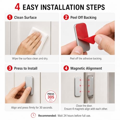 6 Pack Magnetic Cabinet Door Catch, No Drill Adhesive Magnets for Cabinet Doors, Strong Magnetic Closure for Closets, Kitchen Doors, and Shower Doors