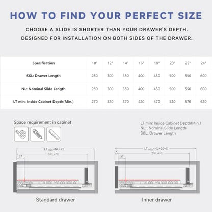 6 Pair 18 Inch (450mm) Undermount Soft Close Drawer Slides - size: 18 Inch-6 Set