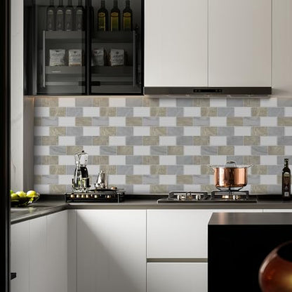 10 Sheets Peel and Stick Backsplash for Kitchen 12"X12" Renter Friendly Backsplash Back Splash Adhesive Subway Wall for Bathroom Cream White & Light Gray Marble Tile Sticker（Not 3D Tile