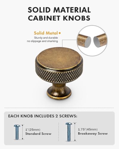 10 Pack Brushed Antique Brass Knurled Cabinet Knobs Round Drawer Pulls - color: Brushed Antique Brass