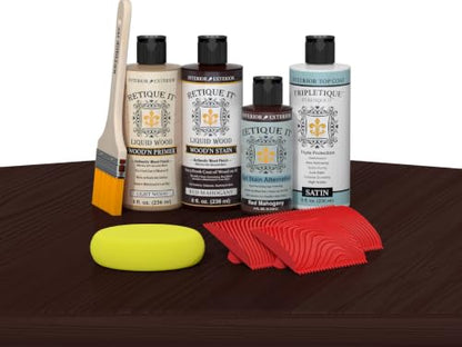 Retique It Wood Finish Tabletop Kit – GO Beyond Faux Wood with Paintable Liquid Wood Based Primer and Gel Stain - Graining Tools Included (Tabletop Kit, Red Mahogany) - color: 15 Red Mahogany, size: Tabletop Kit