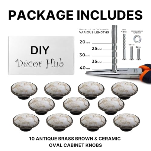 10 pcs Antique Brass Brown Oval Ceramic Cabinet Knobs for Cabinets, Drawers, Dressers, Closets, Vanities - color: Antique Brass-Brown, size: Oval Knobs