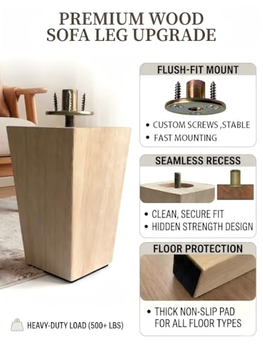 Unfinished Wood Furniture Legs 4 inch Sofa Legs Pack of 4 Square Couch Legs Mid-Century Modern Replacement Legs for Armchair Recliner Coffee Table Dresser(4" H*2.75" W) - size: 4"H*2.75"W
