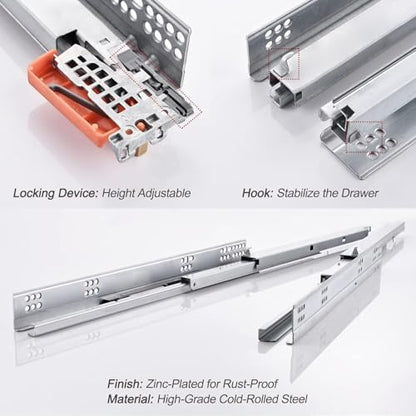 6 Pair 15 Inch Ball Bearing Full Extension Soft Close Undermount Drawer Slides, Bottom Mount Slow Self Closing Cabinet Metal Drawer Rails with Runner, Locking Device, Back Bracket and Screws - size: 6 Pairs of 15 Inch