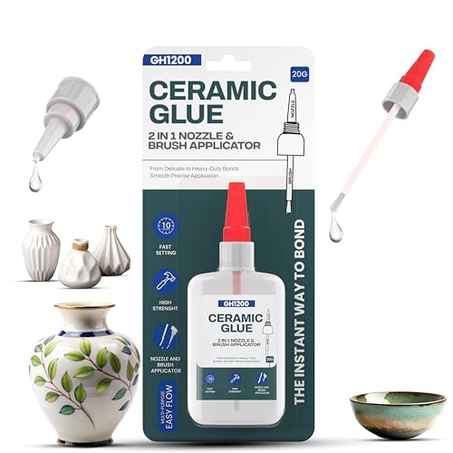 GH1200 Ceramic Glue Repair with Brush Applicator & Nozzle (20 g), Waterproof, Clear, Smooth. Fast Drying, Ceramic Glue for Pottery, Dishes, Mugs & More