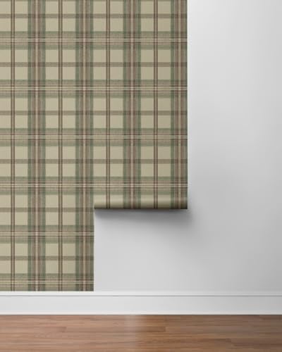 NextWall Harry & Grace Herringbone Plaid Premium Matte Non-Woven Peel and Stick Wallpaper (Clay & Sage) - color: Clay & Sage
