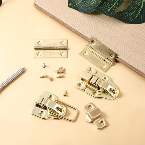 2 Pack Retro Gold Style Duckbilled Hasp Clasp Latch, Antique Metal Box Latch Toggle Hasp Catch with Padlock Hole and 4 Pcs Hinges with Matching Screws Kit for Wooden Jewelry Box Cabinet Toolbox