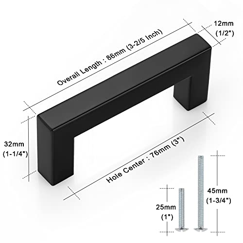 Probrico 30 Pack 3 inch Hole Centers Cabinet Pulls Black Drawer Handles-Kitchen Cabinet Handles Modern Suqare Bar Pulls Stainless Steel Cabinet Hardware for Dresser Bathroom Bedroom Laundry - color: Black, size: hole center 3"