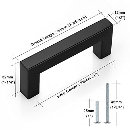 Probrico 30 Pack 3 inch Hole Centers Cabinet Pulls Black Drawer Handles-Kitchen Cabinet Handles Modern Suqare Bar Pulls Stainless Steel Cabinet Hardware for Dresser Bathroom Bedroom Laundry - color: Black, size: hole center 3"