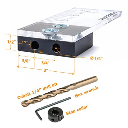 POWERTEC 72065 1/4" Dowel Drilling Jig & 100pk 1/4" Shelf Peg Set with Laser Cut Alignment Marker with Depth Scale, Cobalt Drill Bit, Split Ring Stop Collar & Spoon Shaped Shelf Pins Support Pegs - style: 1/4" Dowel Drilling Jig Set w/Pegs (100PK)