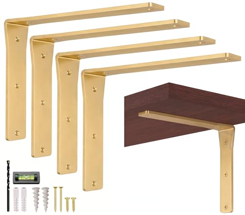 4 Pack Heavy Duty Brass Shelf Brackets 12 Inch by Balin Designs – Decorative L Bracket for Shelves, Metal Shelf Support Bracket, Wall Mounted Countertop Iron Corbels, Floating Gold Shelving Brackets - color: Gold Viva, size: 12 Inch