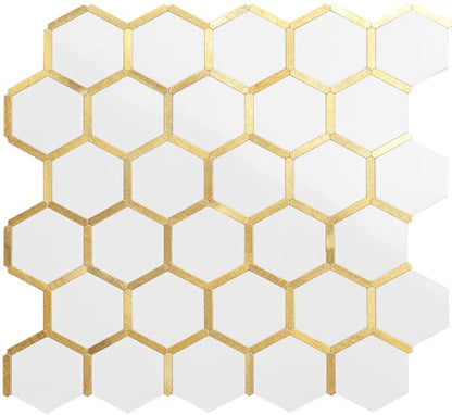 DICOFUN 1 Sheet Hexagon Peel and Stick Backsplash Tile, Polished White Tile Look Mixed Gold Kitchen Backsplash Peel and Stick Wall Tiles - color: White Tile + Gold Metal Frame, size: 1 Sheet, 12''x12''x0.12''