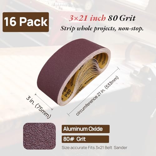 16 Pack 3 x 21 Inch Sanding Belts, 80 Grit - size: 80 Grit