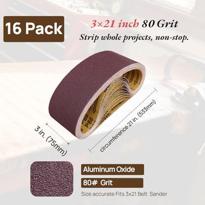 16 Pack 3 x 21 Inch Sanding Belts, 80 Grit - size: 80 Grit