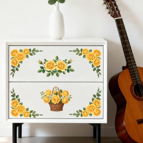 Peacoblue Yellow Vintage Flower Rub On Transfers for Furniture Craft 6"x12" - style: Yellow Vintage Flower