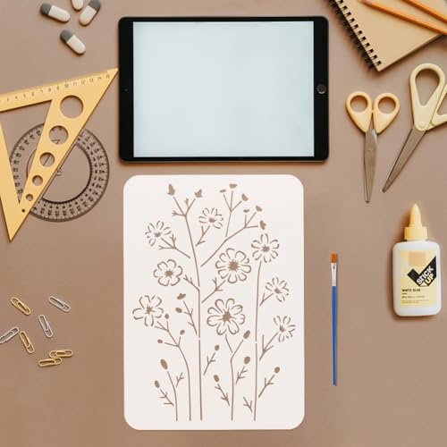 FINGERINSPIRE Line Wildflower Stencil with Brush 8.3x11.7inch Reusable Flowers Leaves Template Plastic PET Line Style Stencil Hollowed Plant Theme Template for Painting on Wood Clothes Canvas Fabric - style: Line Wildflower