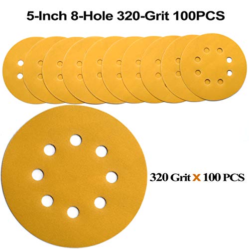 5-Inch 8-Hole Hook and Loop Sanding Discs 320-Grit, 100-Pack