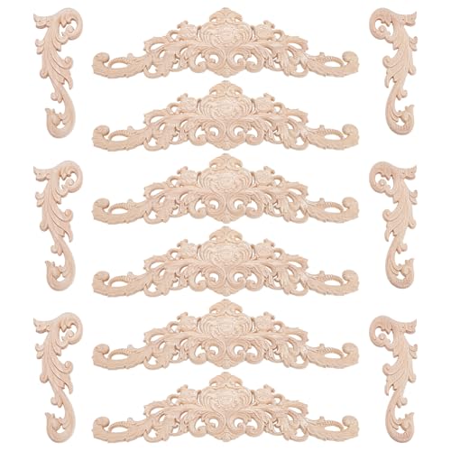 16Pcs Wood Appliques Decorative and Onlays, Wooden Carved Corner Unpainted Carving Decals Decorative Appliques for Cabinet Door Bed Wardrobe Furniture Dresser Wall DIY Project, 2 Sizes