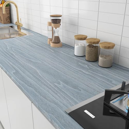 Livelynine Light Blue Wood Wallpaper Peel and Stick Wood Grain Contact Paper for Countertops Cabinets Desk Cover Kitchen Countertop Vinyl Wrap Waterproof Adhesive Cabinet Wall Paper Liner 15.8x78.8 - color: Light Blue Wood, size: 15.8" x 78.8"