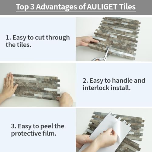 AULIGET 20 Sheets Beige & Brown Slate Peel and Stick Backsplash, PVC Mixed Metal Silver Wall Tile Stick on Backsplash for Kitchen and Bathroom - color: Beige & Brown Slate + Metal Silver, size: 20 Sheets, 6"x12"x0.12"