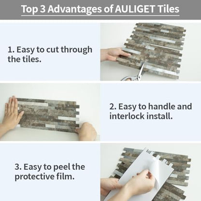 AULIGET 20 Sheets Beige & Brown Slate Peel and Stick Backsplash, PVC Mixed Metal Silver Wall Tile Stick on Backsplash for Kitchen and Bathroom - color: Beige & Brown Slate + Metal Silver, size: 20 Sheets, 6"x12"x0.12"