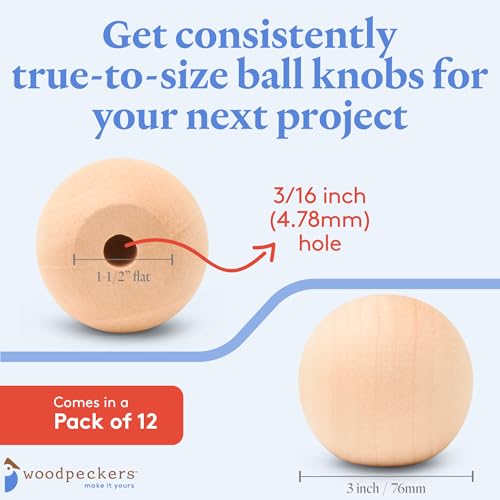 Wood Knobs, 3 Inch Round Natural Wood Drawer Pulls, Pack of 12 Unfinished Wooden Drawer Knobs, Ball Shaped Wood Cabinet Knobs, Nursery Dresser Knobs, Wood Door Knobs and Crafts - size: 3 inch