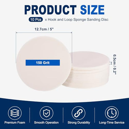 10Pcs 5 Inch Hook and Loop Sponge Sanding Disc, 150 Grit - size: 5 Inch 150 Grit