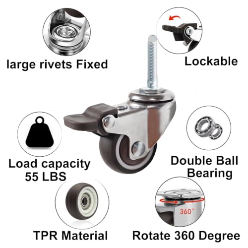 1.5" Thread Caster 1/4"-20UNC x 1" Stem Set of 4 All Brake Quiet Wheels - size: 1.5" Caster 1/4in Stem