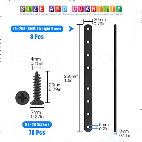 Glarks 8 Sets 250mm Flat Straight Corner Brace Black Metal Joint Plate Connector Repair Fixing Bracket with 70Pcs Screws for Wood Furniture (250x20x3mm) - size: 250x20x3mm