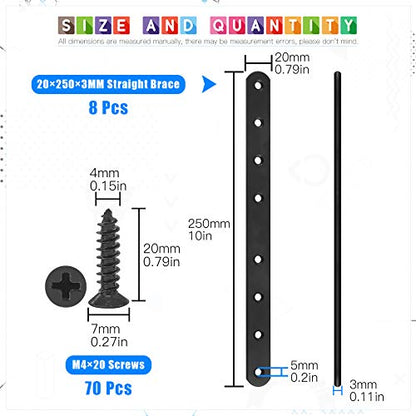 Glarks 8 Sets 250mm Flat Straight Corner Brace Black Metal Joint Plate Connector Repair Fixing Bracket with 70Pcs Screws for Wood Furniture (250x20x3mm) - size: 250x20x3mm