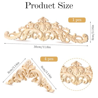5 Pcs Wood Appliques Onlays for Furniture, Decorative Wooden Carved Unpainted Decals Wood Flowers Trim Embellishments for Bed Door Cabinet Wardrobe Wall Cupboard(Delicate Style)