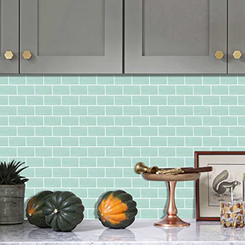 Alwayspon 10 Sheets 3D Thickened Peel and Stick Vinyl Backsplash Tiles, 12"x6" Self-Adhesive Wallpaper Wall Tile Stickers Stick on Subway Tiles for Kitchen Bathroom, Light Green 056 - color: T80056