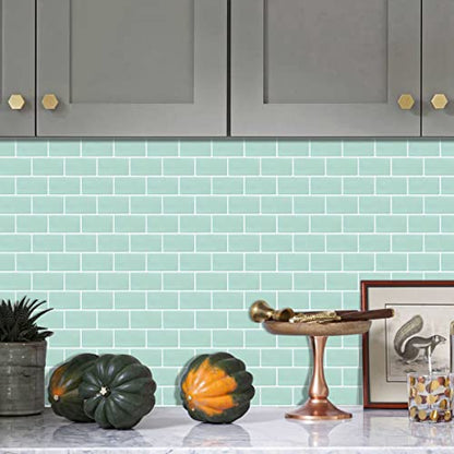 Alwayspon 10 Sheets 3D Thickened Peel and Stick Vinyl Backsplash Tiles, 12"x6" Self-Adhesive Wallpaper Wall Tile Stickers Stick on Subway Tiles for Kitchen Bathroom, Light Green 056 - color: T80056