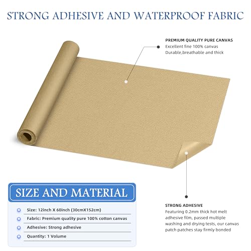 KING MOUNTAIN Canvas Iron on Patch,12"×60",Waterproof 100% Cotton Fabric Repair Patch,Used for Various Sofa,Tent,Clothes,Seats,Suitcases (Flaxen,Waterproof) - color: Flaxen, size: Canvas-12x60