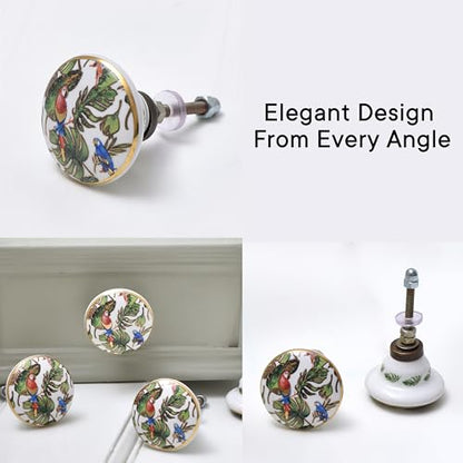 Indian Shelf Macaw Parrot Ceramic Cabinet Knobs Gold Drawer Pulls 6 Pack - color: Multicolor Bird, size: 6 Knobs