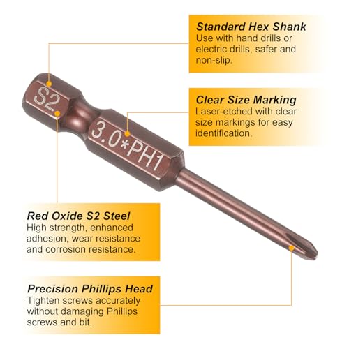 HARFINGTON 5pcs #1 Phillips Screwdriver Bit PH1 1/4" Hex Shank 2" (50mm) Long 0.12" Rod Magnetic Cross Head Drive Drill Bits S2 Steel Industrial Screw Driver Electric Power Tool, Brown - size: PH1 x 2" x 0.12"