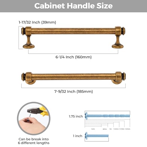 12 Pack Antique Brass Cabinet Handles, 6-1/4" Hole Center Drawer Pulls - color: Antique Brass, size: 6-1/4 Inch Hole Center