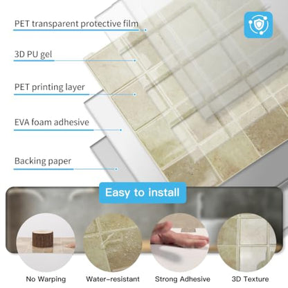 Art3d Grid Design Peel and Stick Backsplash, 10-Pack, 12 x 12 in, Khaki - color: Khaki