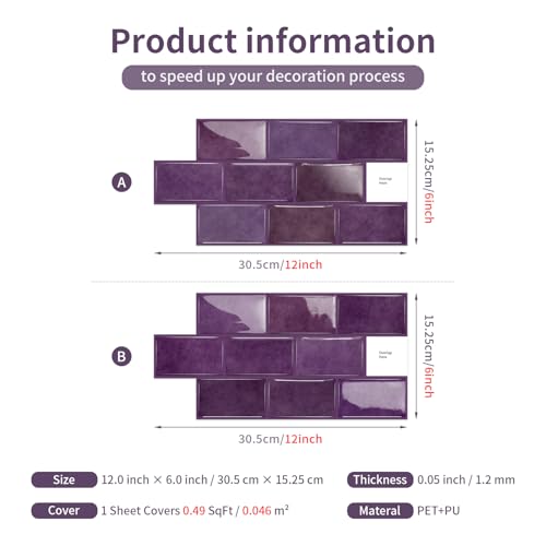 Alwayspon 6x12inchx10Pcs Self Adhesive Wall Tile Sticker, Peel and Stick Adhesive Waterproof Backsplash Stick on Tile Decals for Kitchen Bathroom Wall, Deep Purple - color: Deep Purple