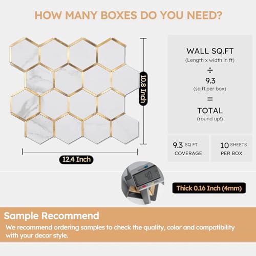 Diflart 10-Pack Peel and Stick White Gold Marble Hexagon Backsplash Tile - color: White Marble + Gold Metal Hexagon, size: 10 Sheets