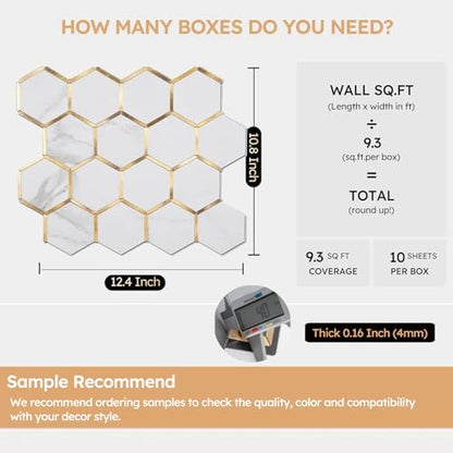 Diflart 10-Pack Peel and Stick White Gold Marble Hexagon Backsplash Tile - color: White Marble + Gold Metal Hexagon, size: 10 Sheets