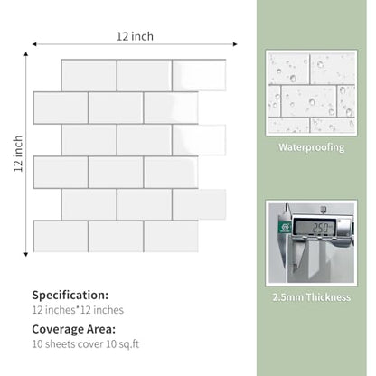 10-Sheet Thick Peel and Stick Kitchen Backsplash Tiles - color: White Gray Grout