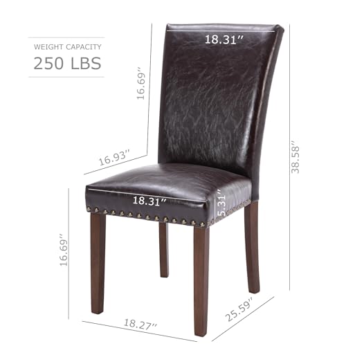 COLAMY Upholstered Parsons Dining Chairs Set of 6, PU Leather Dining Room Kitchen Side Chair with Nailhead Trim and Wood Legs - Dark Brown - color: L-darkbrown, size: Set of 6