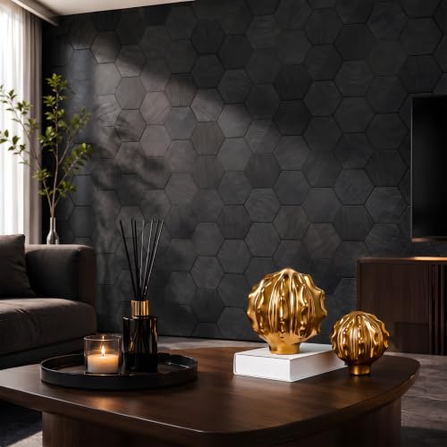 Black 3D Hexagon Peel and Stick Self Adhesive Removable Contact Wallpaper - color: Black, size: 15.7" x 118"