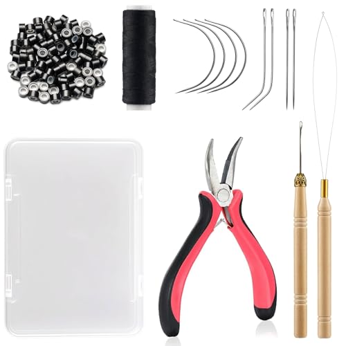 VCAY Hair Extension Tools Kit,200 Beads,Plier,Threader,Hook,Needles,Thread - color: Black